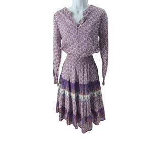 Chaudry women's Bohemian floral smocked waist Peasant Midi dress Sz small hippie